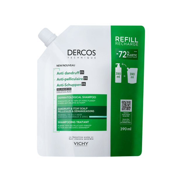 Vichy Dercos DS kõõmavastane šampoon normaalsele ja rasusele peanahale, täitepakend, 390 ml