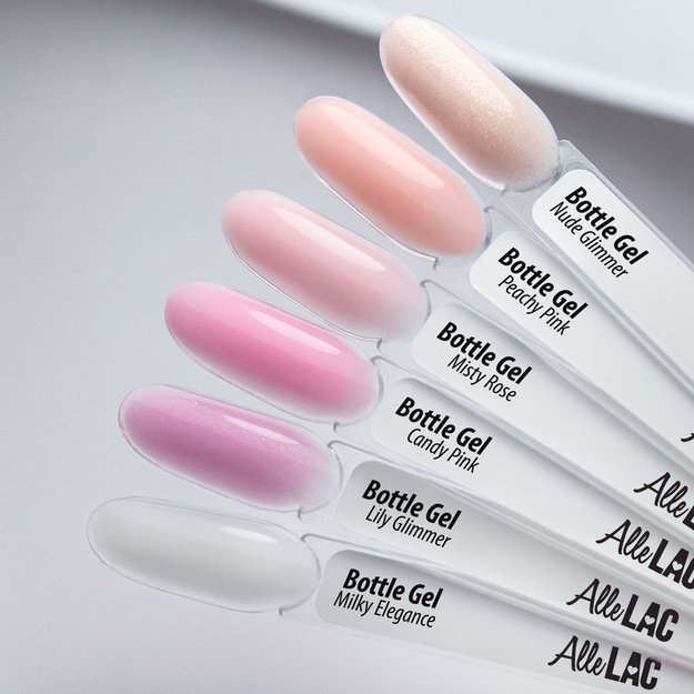 AlleLac Bottle Gel Milky Elegance ühefaasiline ehitusgeel küüntele pudelis pintsliga, 15 g
